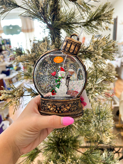 Flat Snowglobe Ornament-- Santa, Child at Christmas, & Snowman