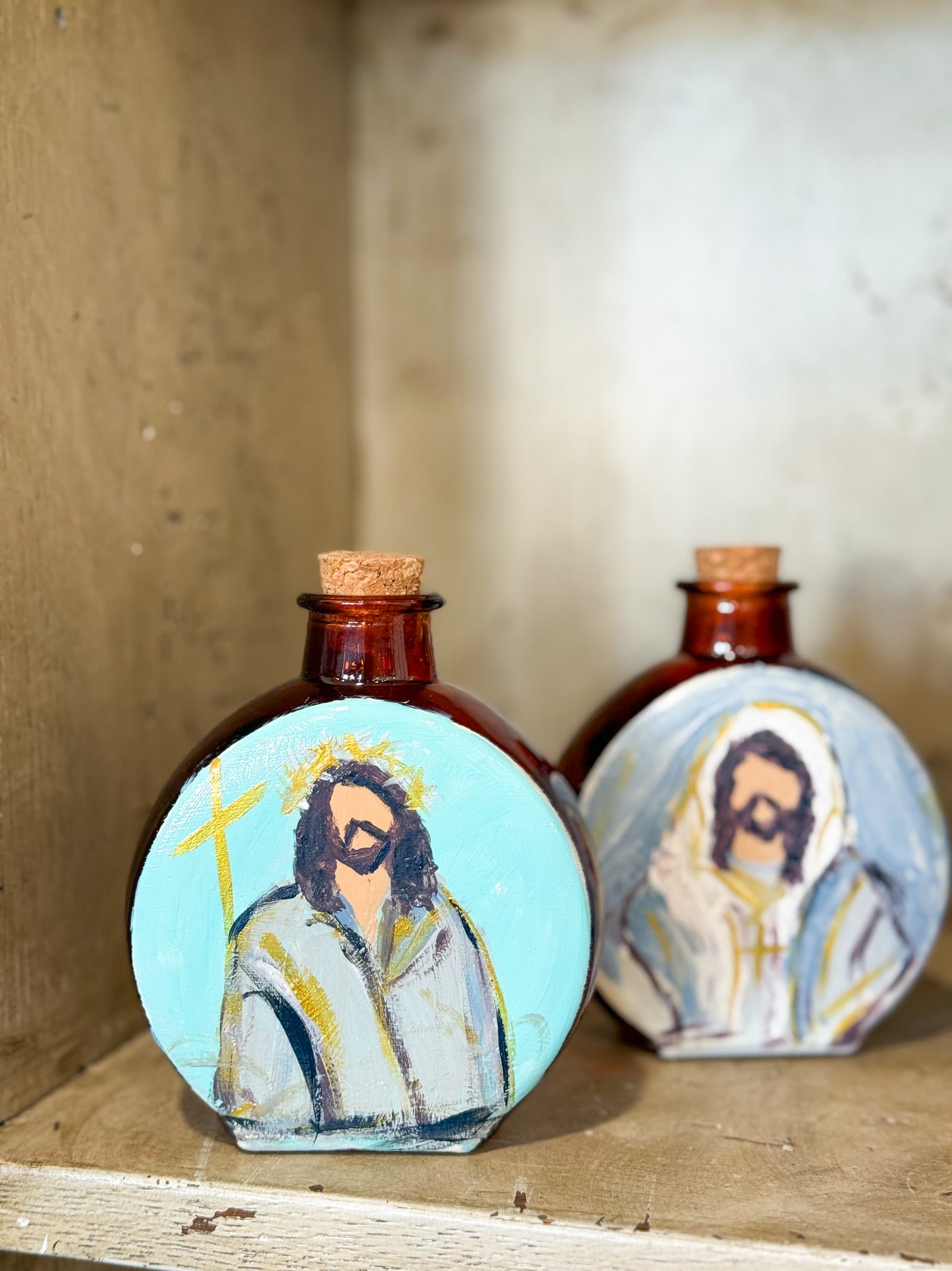 Christ the King Blessing Holy Water Container- Brown Glass