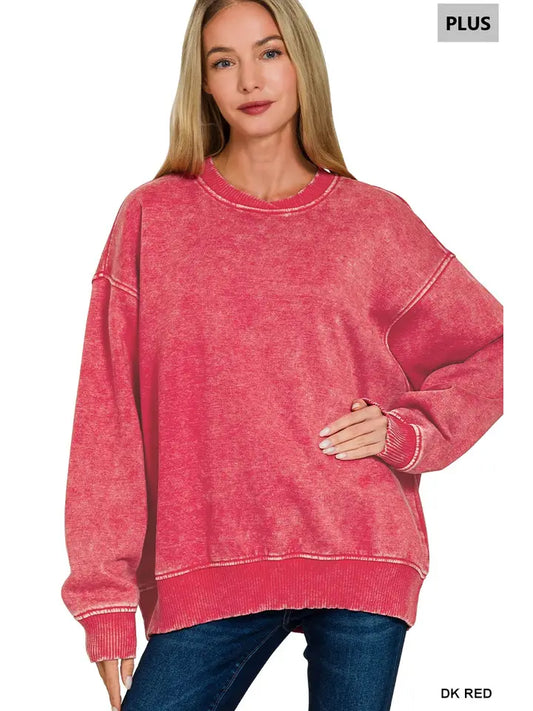 Cross Crew Acid Wash Oversized Fleece Pullover- Dark Red