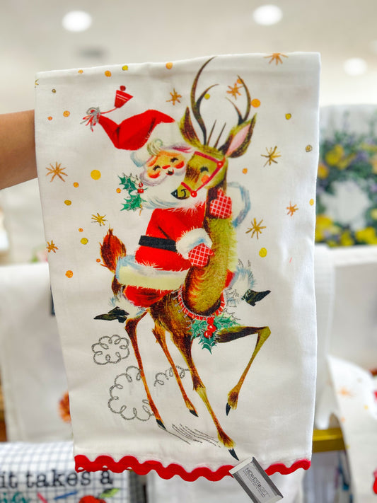 Santa with Reindeer Tea Towel