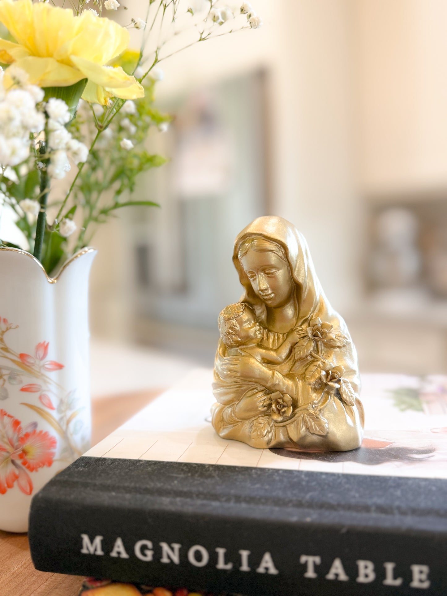 Mary Our Mother Holding Jesus Gold Statue