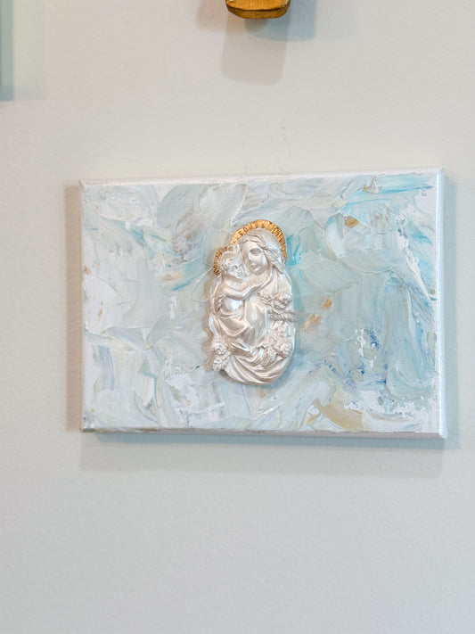 Madonna & Child on 5x7 Beige/Pastel Blue Canvas