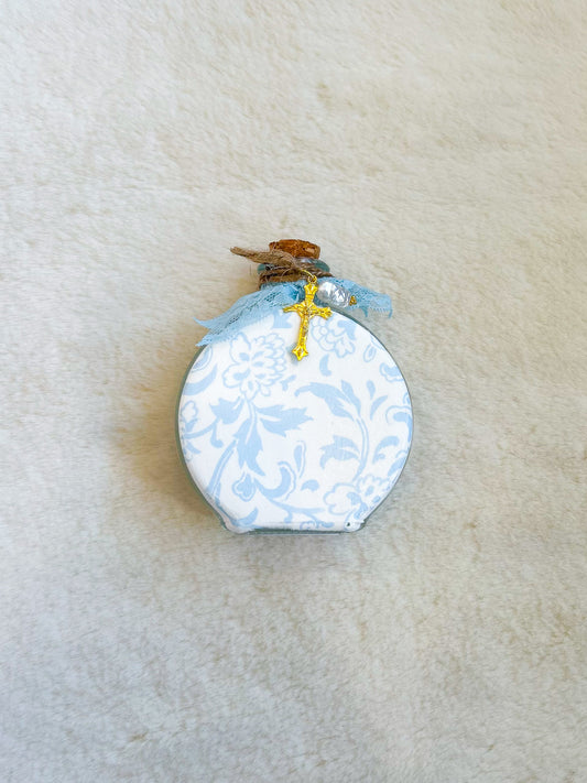 Sky Blue Floral Holy Water Container with Cross- Blue Lace