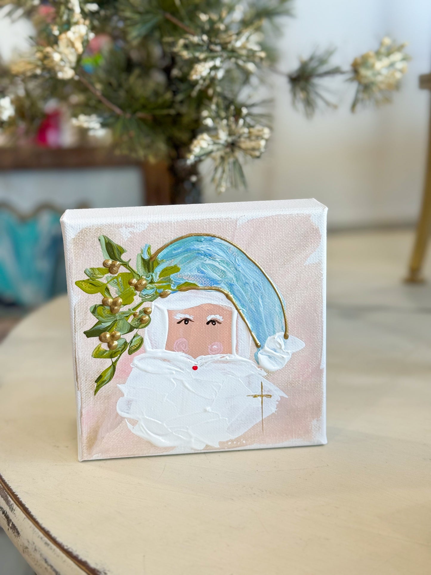 6x6 Blush Pink Vintage Santa with Blue Hat— Hand-Painted Art