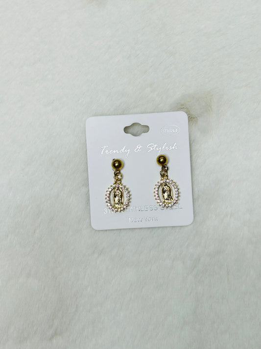 Gentle Mother Our Lady of Guadalupe Medal Gold & Diamond Dangle Earrings