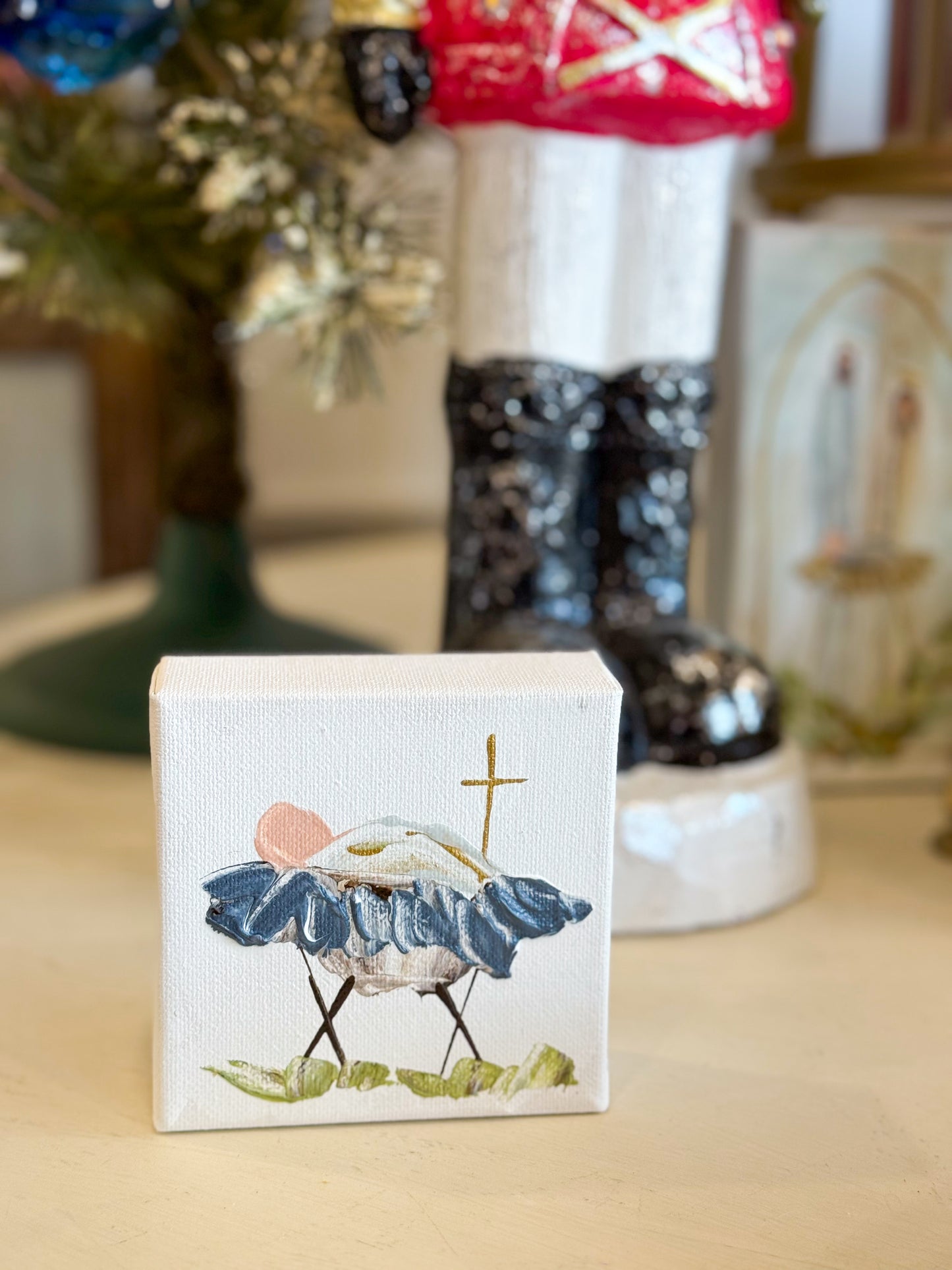 4x4 Navy/White Jesus in the Manger — Hand-Painted Art