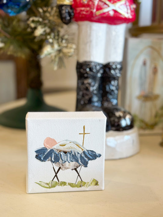 4x4 Navy/White Jesus in the Manger — Hand-Painted Art