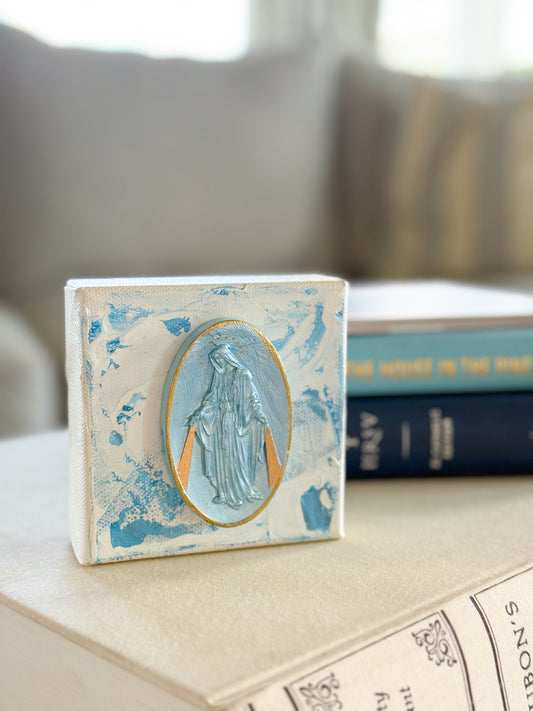 Our Lady of the Miraculous Medal on 4x4 Light Blue/White Canvas