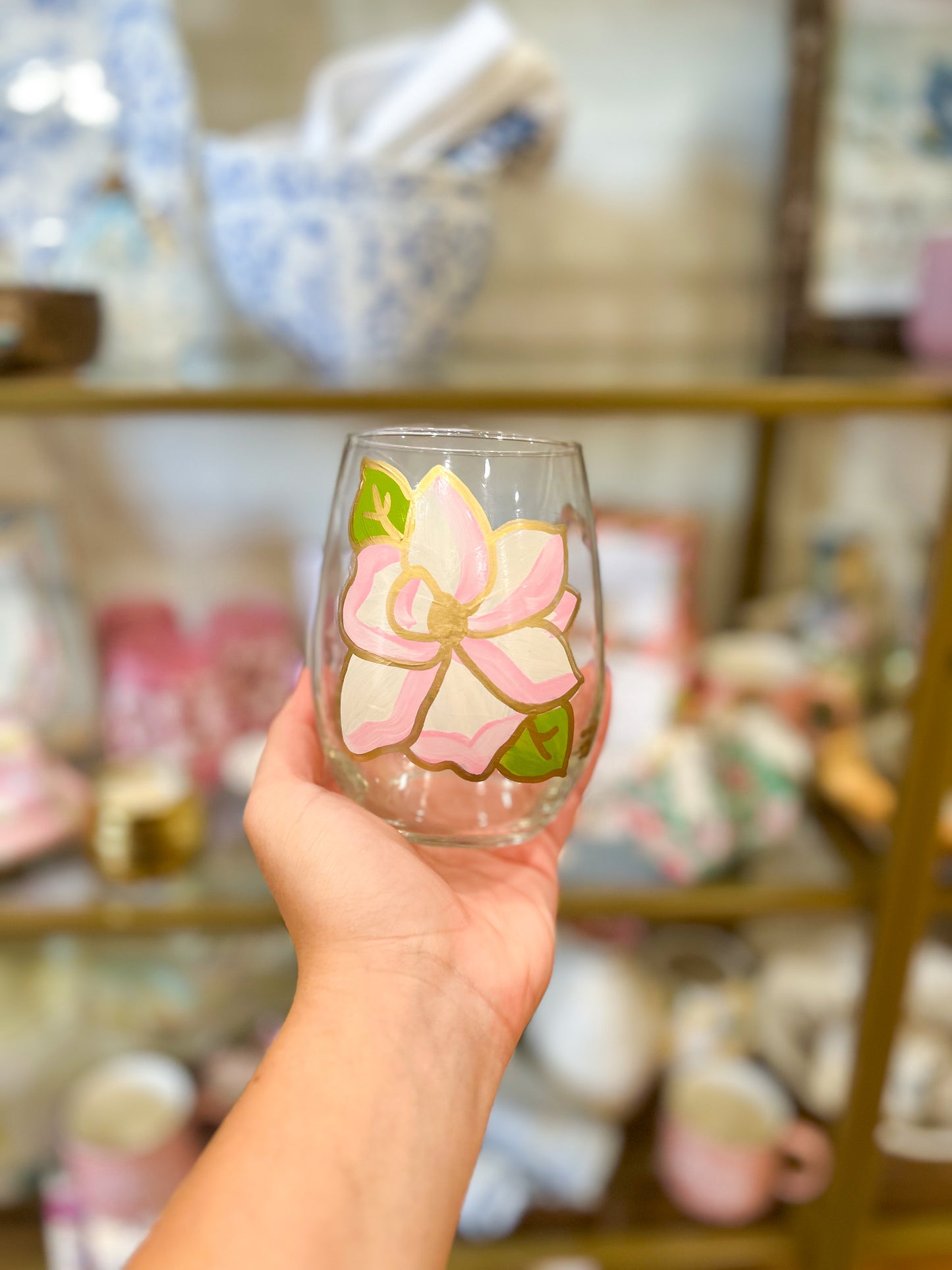 Magnolia Hand-Painted Wine Glass