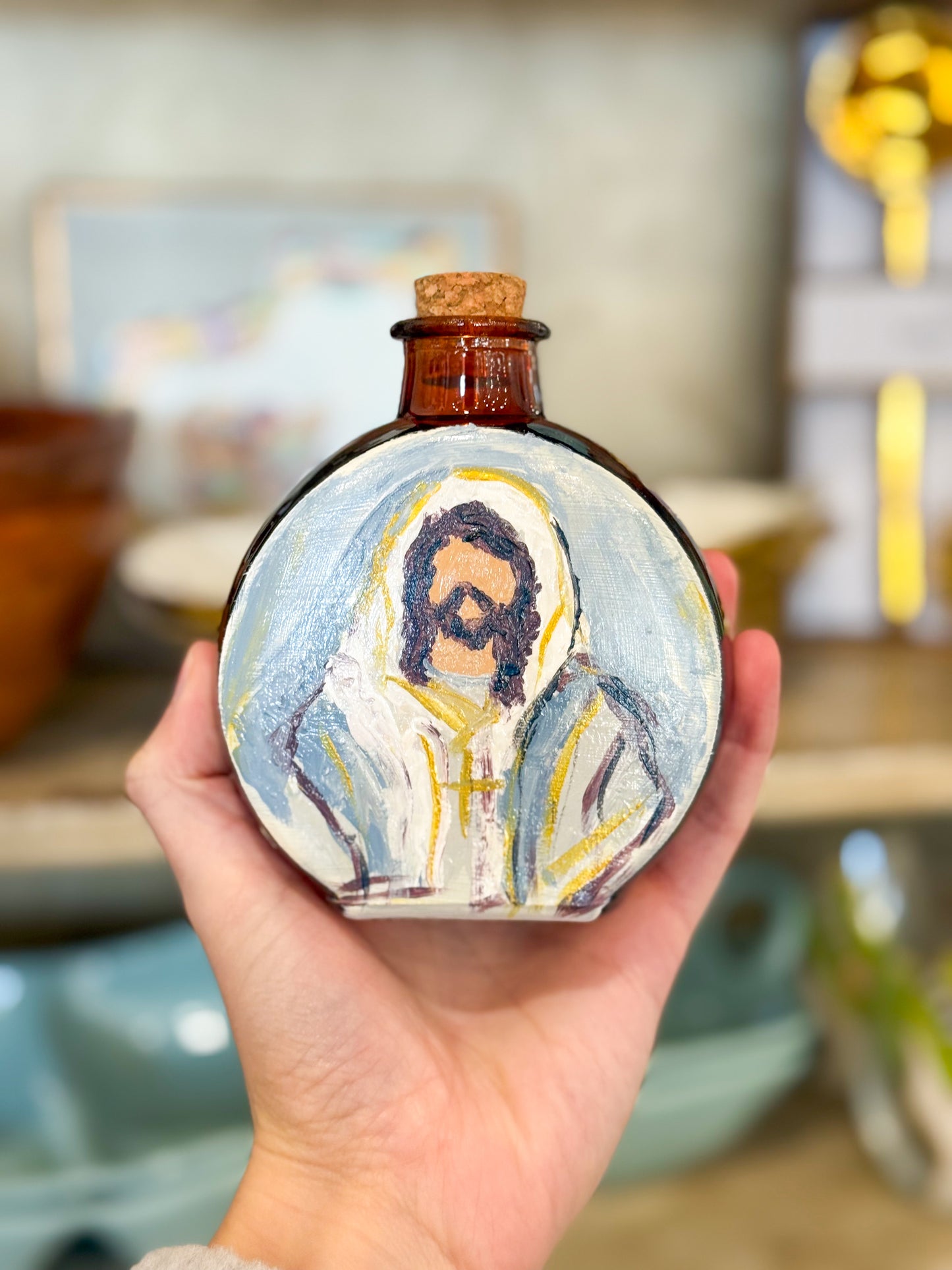 Christ the King Blessing Holy Water Container- Brown Glass