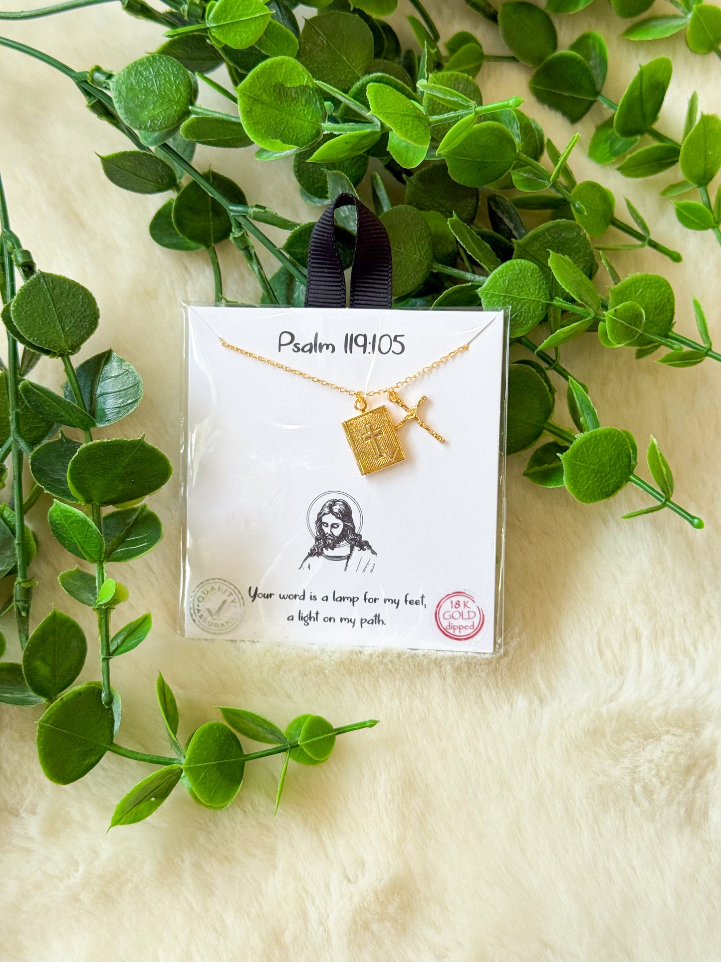 Psalm 119:105 Gold Cross Book Locked & Gold Crucifix Necklace