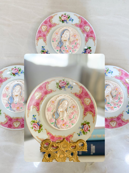 Sculpted Rose-Virgin Mary Famille Rose Plate