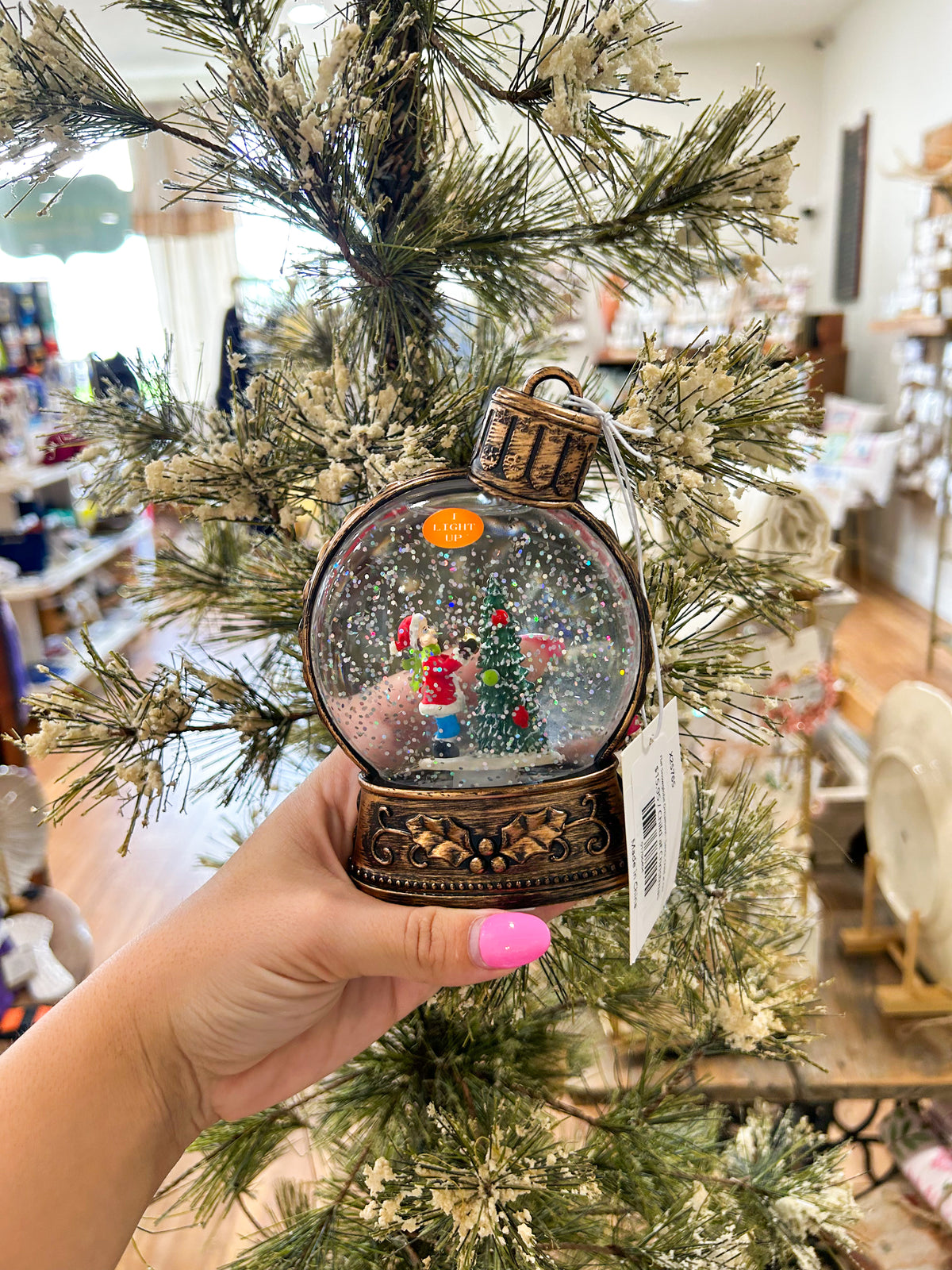 Flat Snowglobe Ornament-- Santa, Child at Christmas, & Snowman