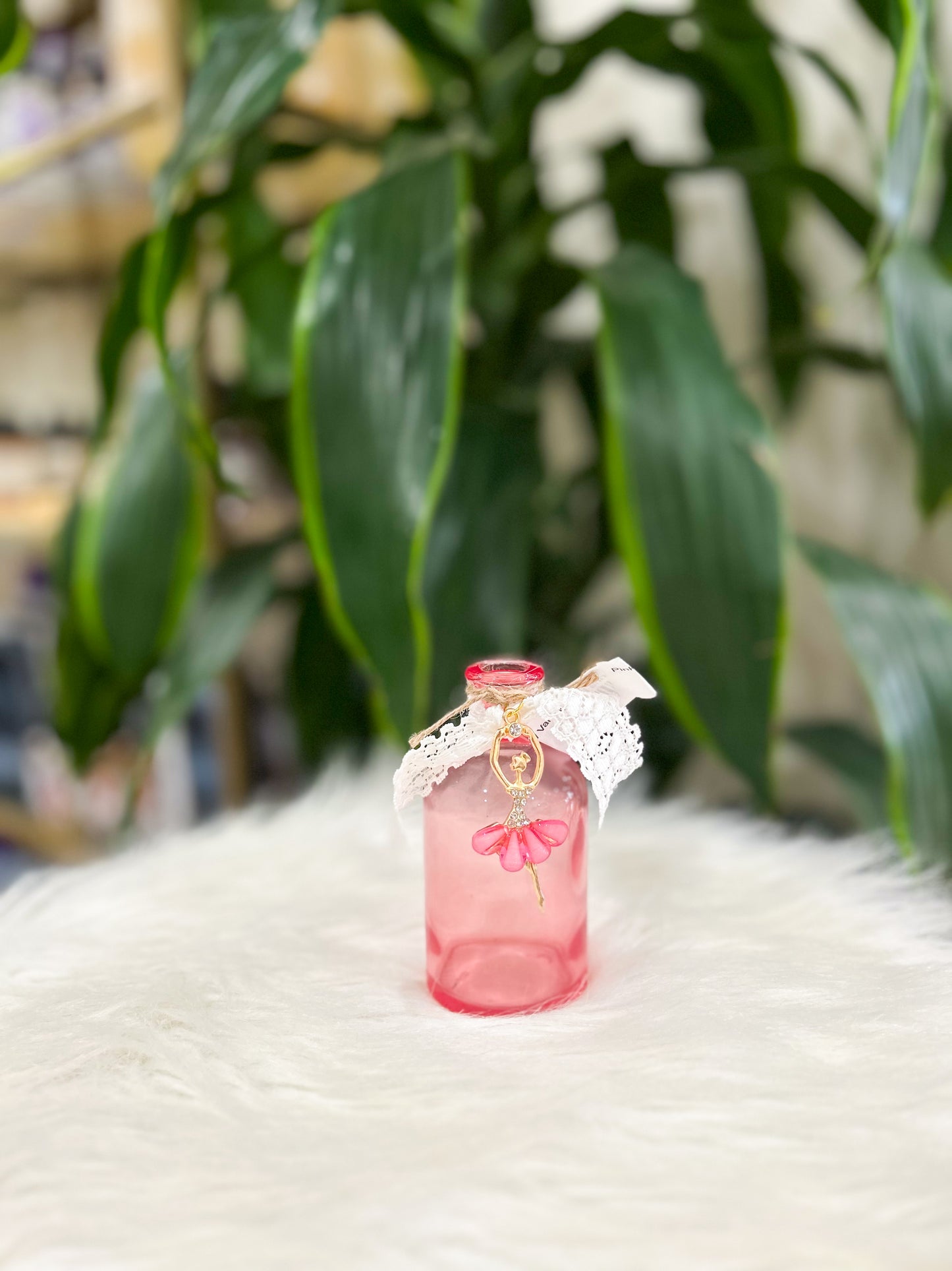 Pink Ballerina Bud Vase with White Lace and Charms