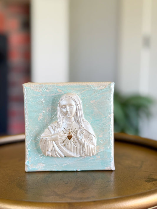 Immaculate Heart of Mary- Silhouette on 4x4 Tiffany Blue Canvas