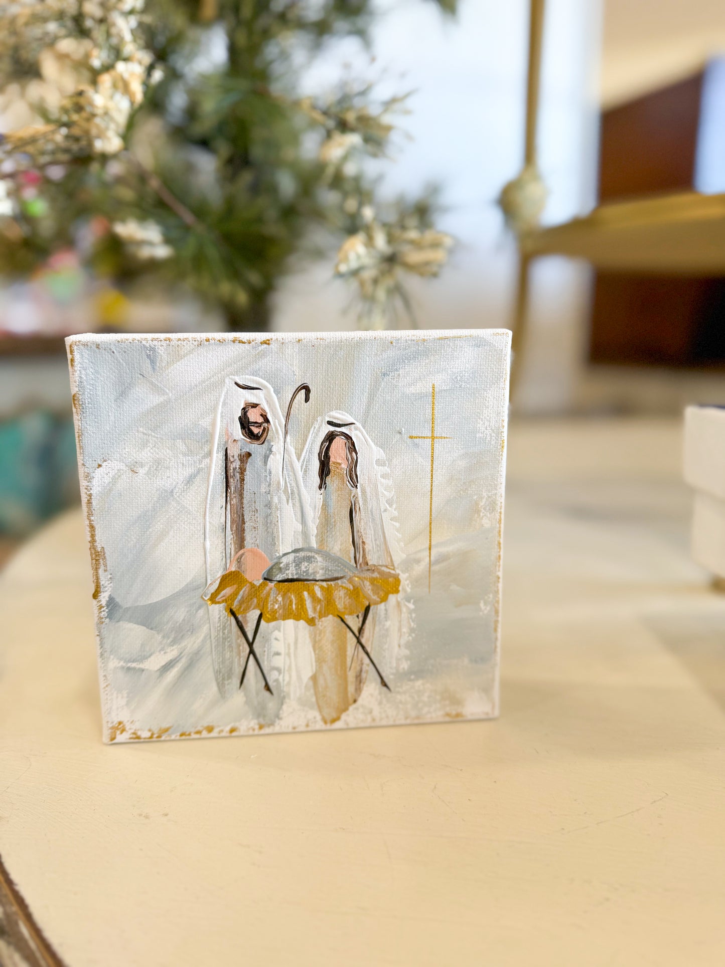 6x6 Grey Holy Night Nativity — Hand-Painted Art