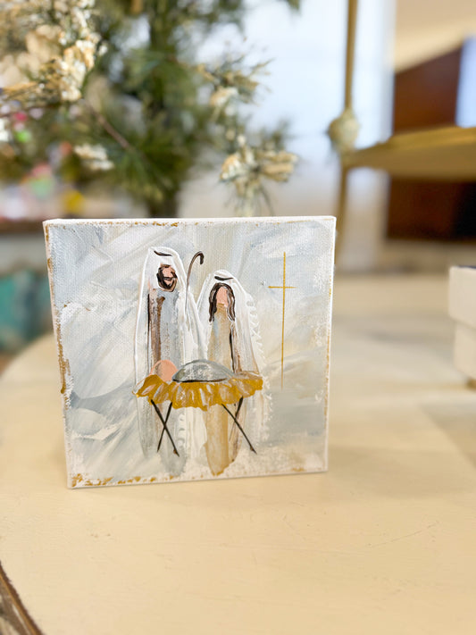 6x6 Grey Holy Night Nativity — Hand-Painted Art