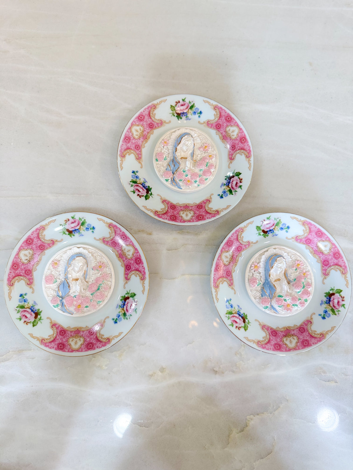 Sculpted Rose-Virgin Mary Famille Rose Plate