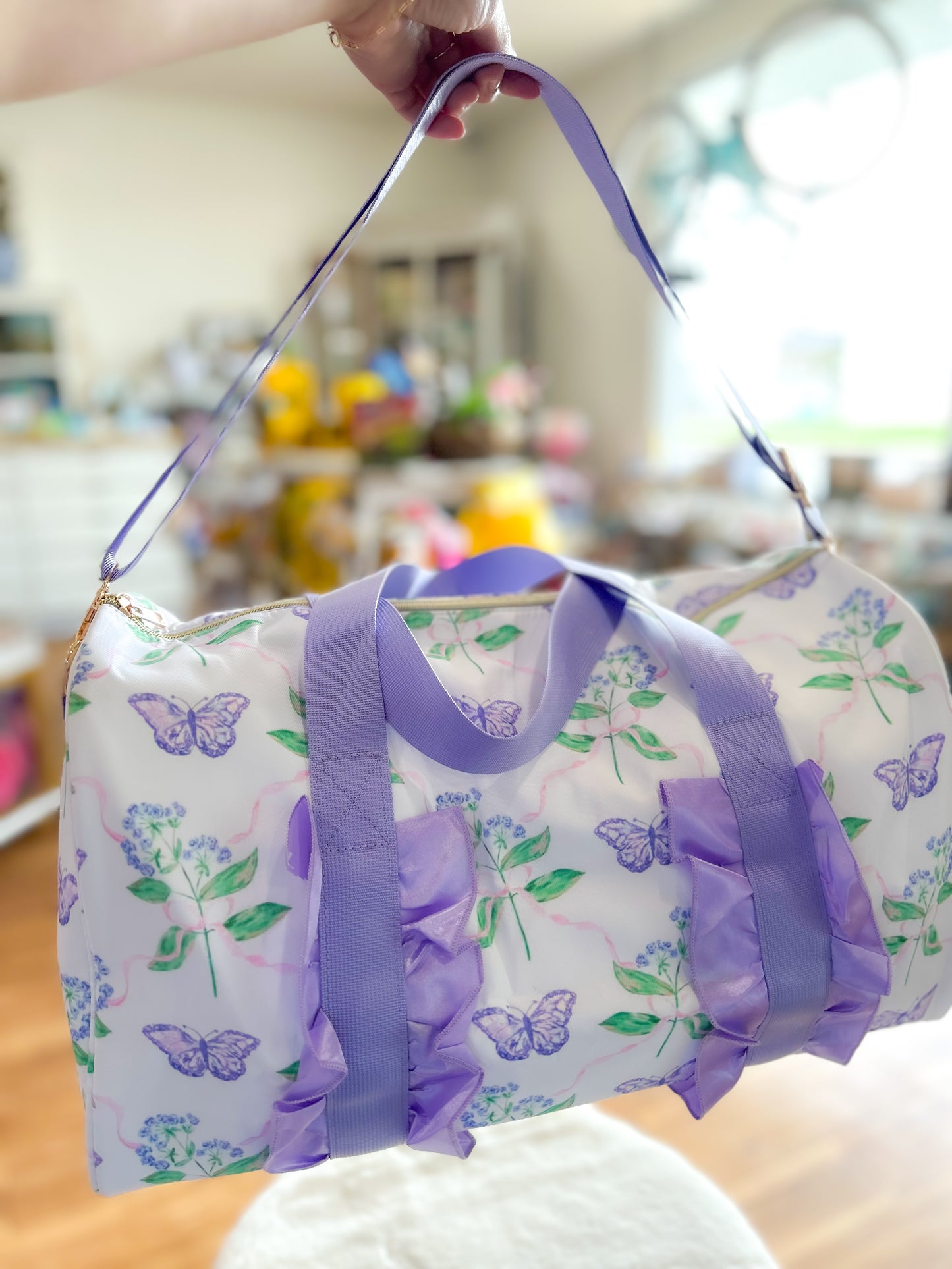 Lavender Ruffle Band Floral Butterfly Women Duffle Bag