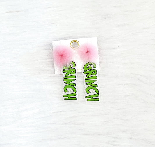 Grinch Pink Puff Earrings