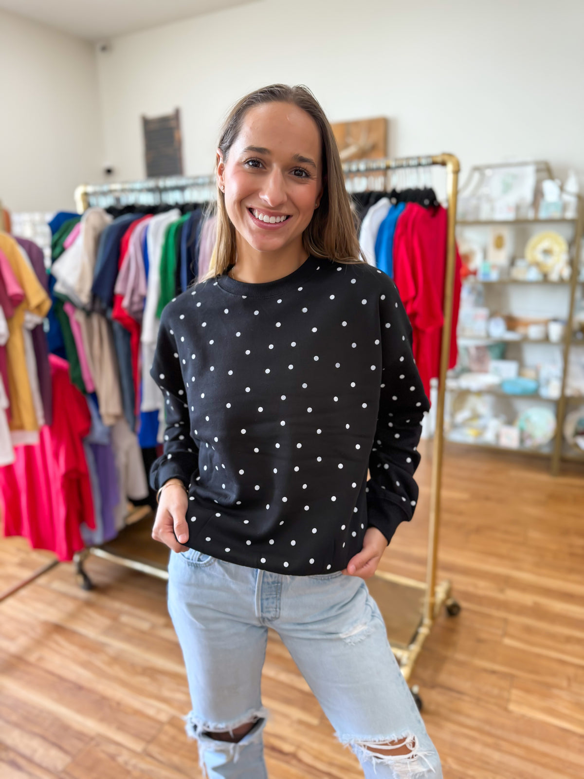 Fleece Babe Polka Dot Crew Neck Sweatshirt- Black