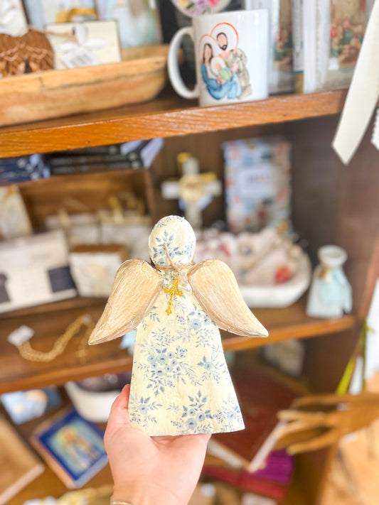 Wooden Floral Angel with Gold Wings