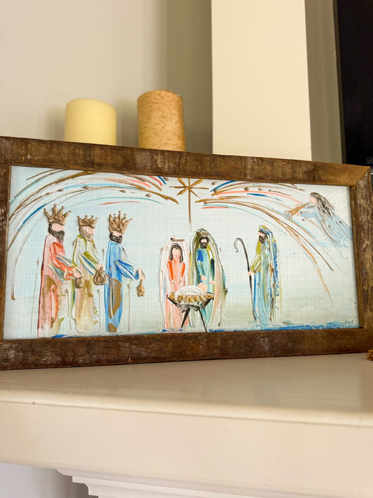 Heavenly Peace Nativity w/Angel Framed Art 12x24