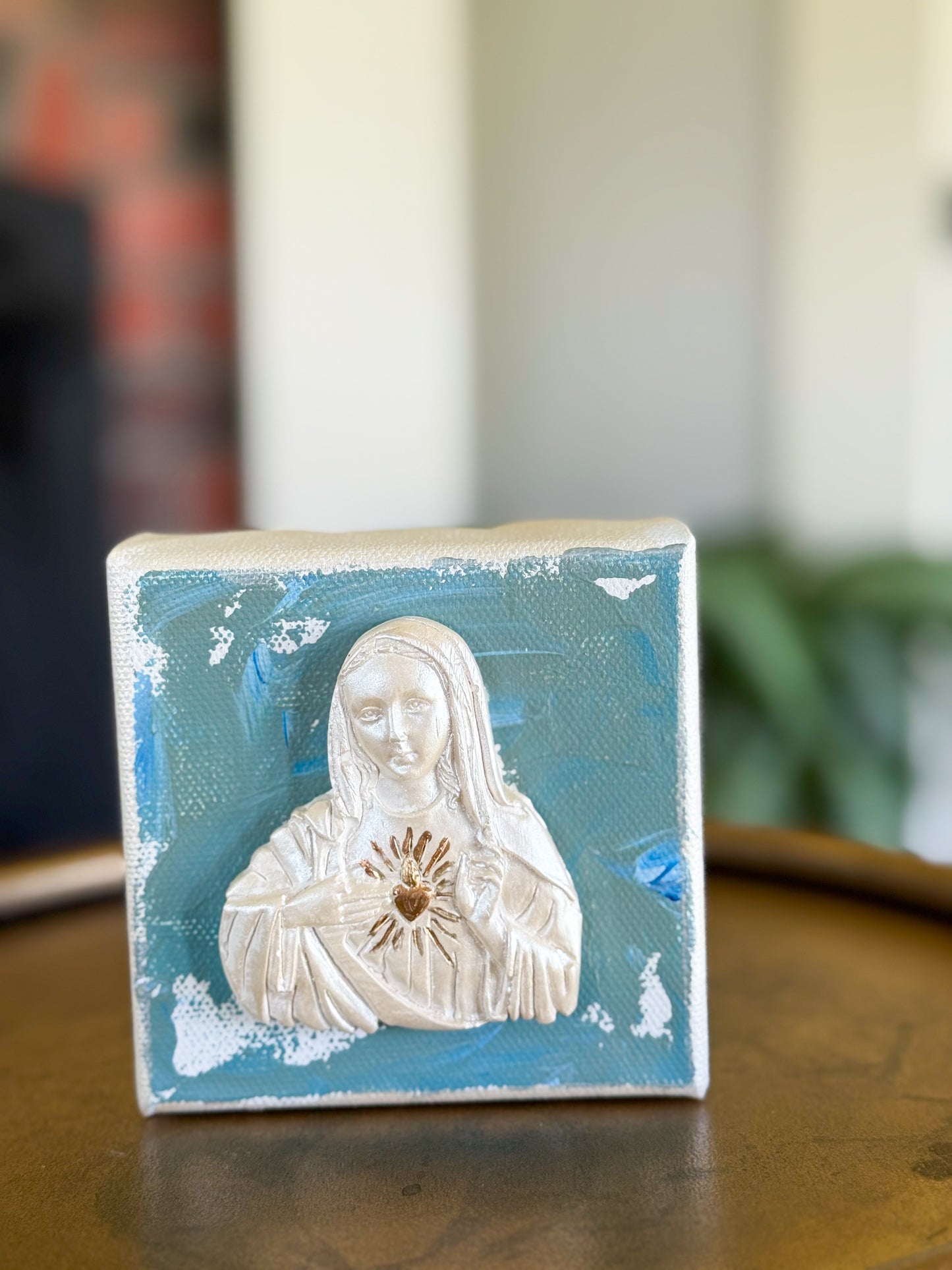 Immaculate Heart of Mary- Silhouette on 4x4 Olive Green/Blue Canvas