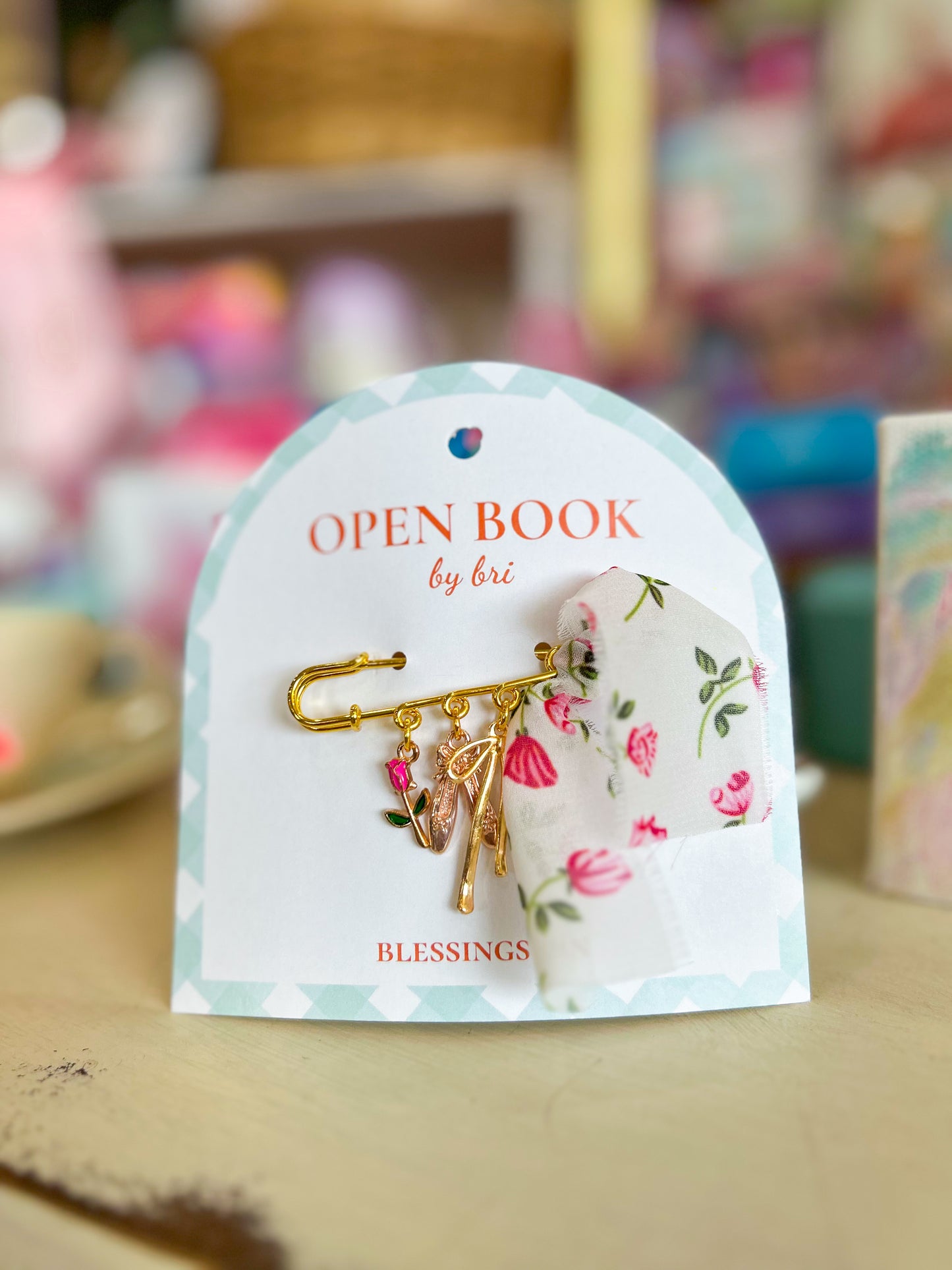 Open Book Med Pin/3Charm: Rose, Ballet Shoes, Cross with Ribbon