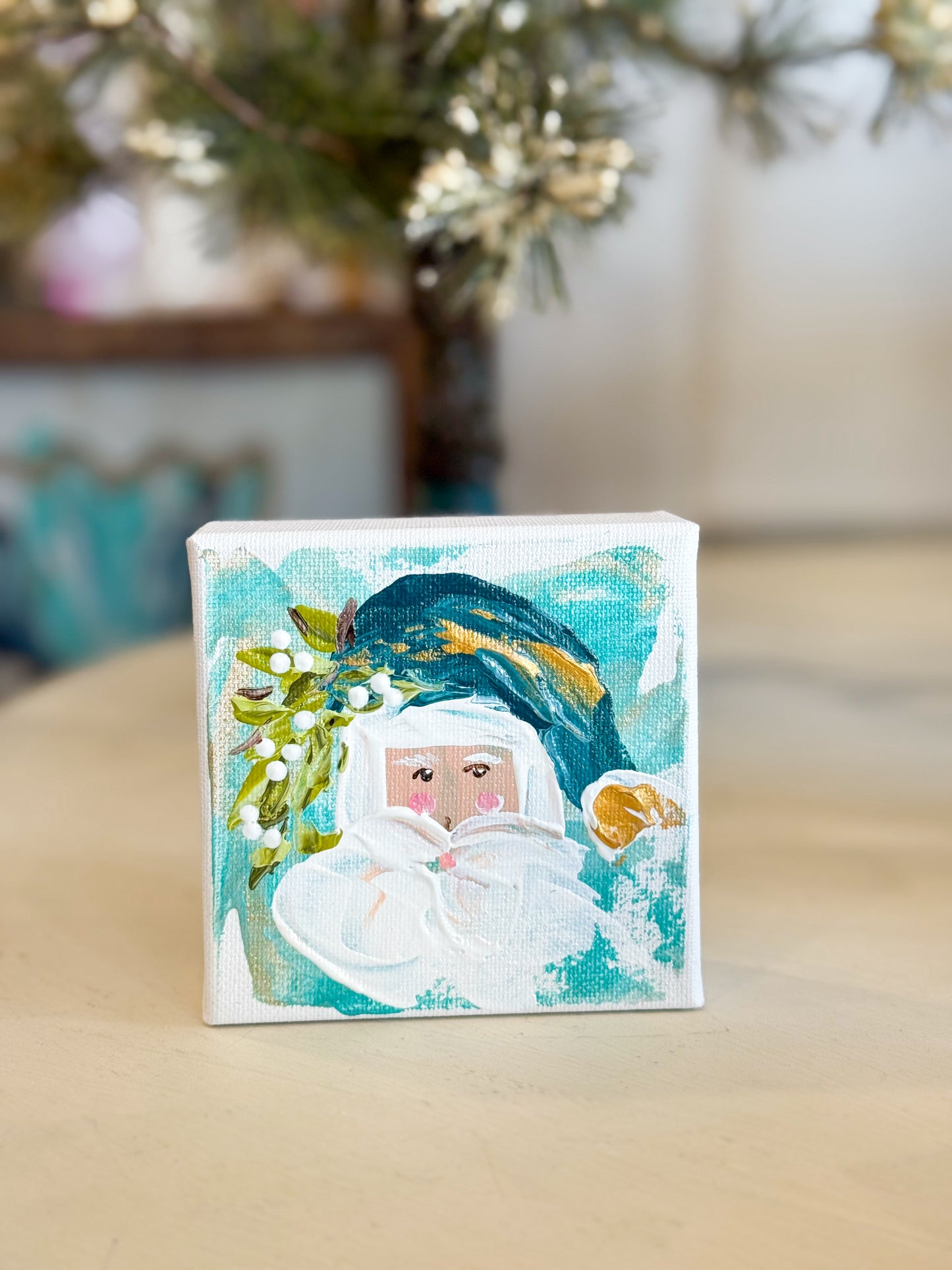 4x4 Teal Vintage Santa — Hand-Painted Art