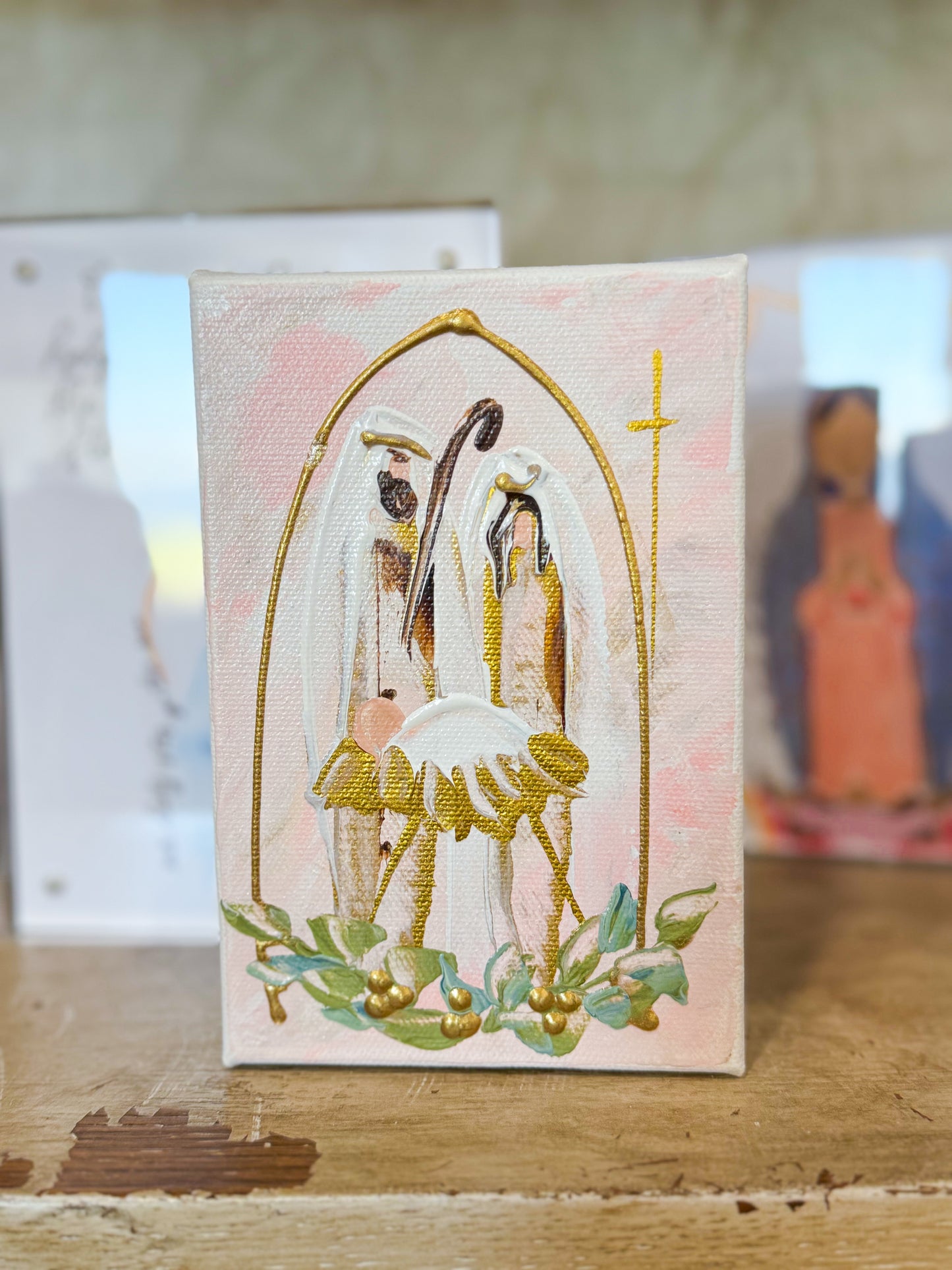 4x6 Mary, Joseph, & Baby Jesus with Greenery Light Pink — Hand-Painted Art