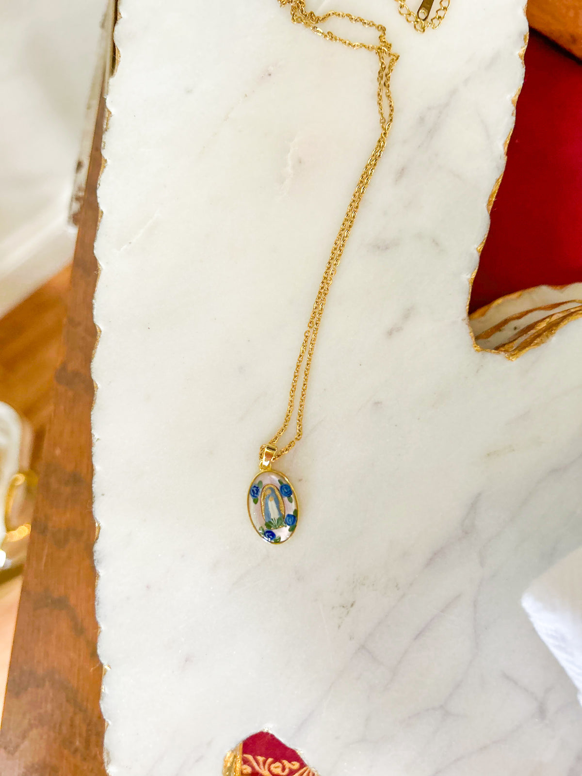 Harleigh Leonards Dainty Our Lady in Blue Roses Necklace