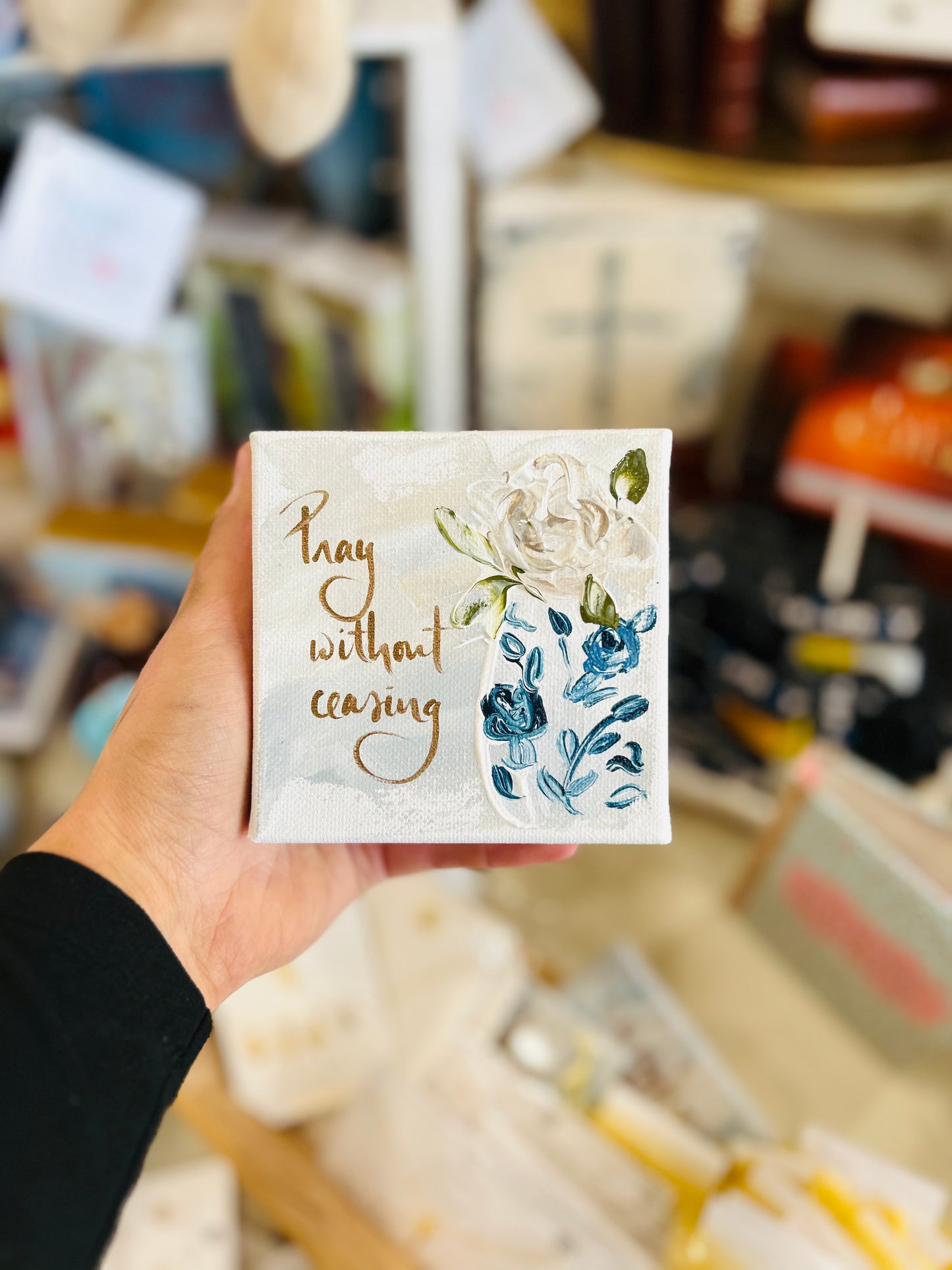 4x4 Pray Without Ceasing with Blue Flower Accents Canvas Art