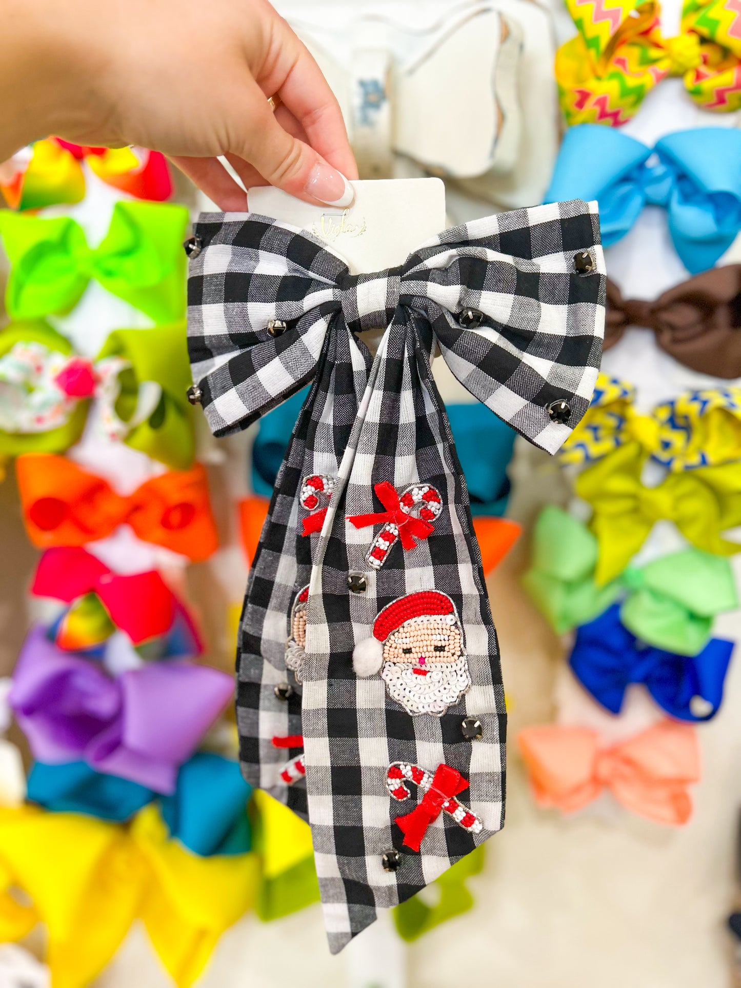 Plaid Santa with Candy Canes Hair Bow