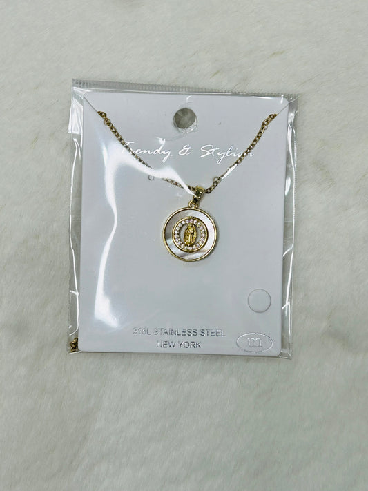 Mercy Miraculous Medal Mother of Pearl & Diamonds Gold Necklace