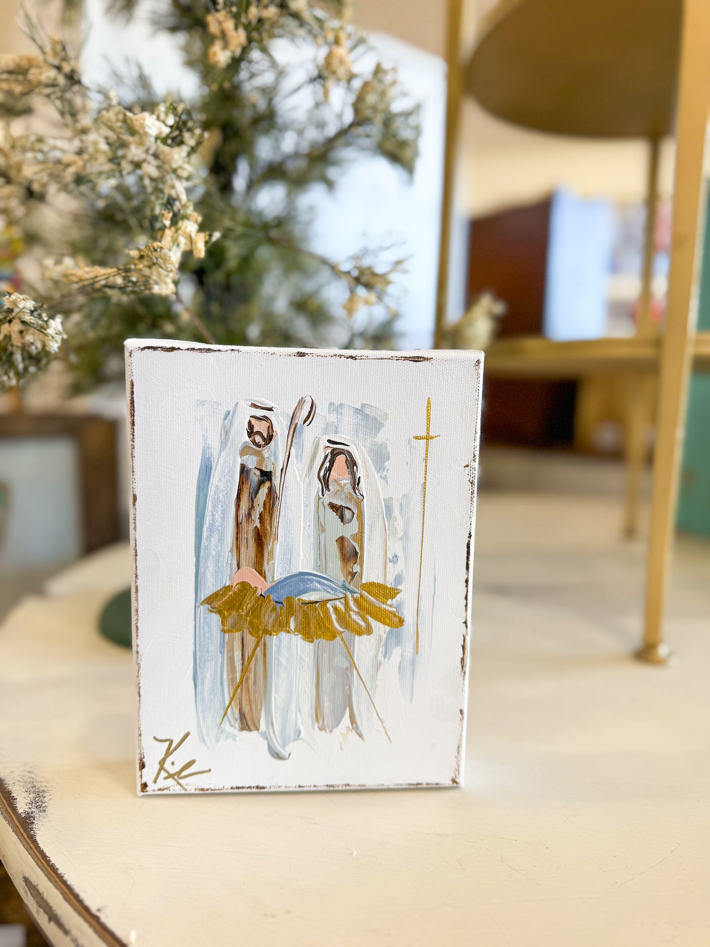 6x8 White with Blue Holy Night Nativity — Hand-Painted Art