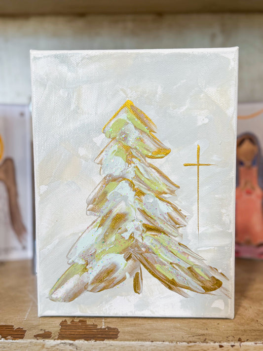 6x8 Sparkle Christmas Tree with Gold Grey— Hand-Painted Art