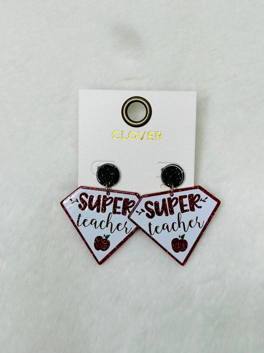 Super Teacher Red Glitter Earrings