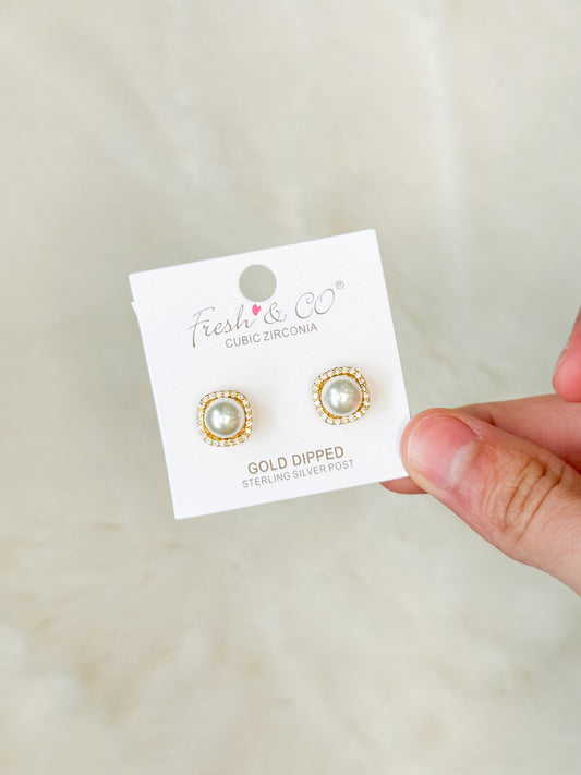 Fresh and Co. Pearl Earrings with Gold and Diamond Outline