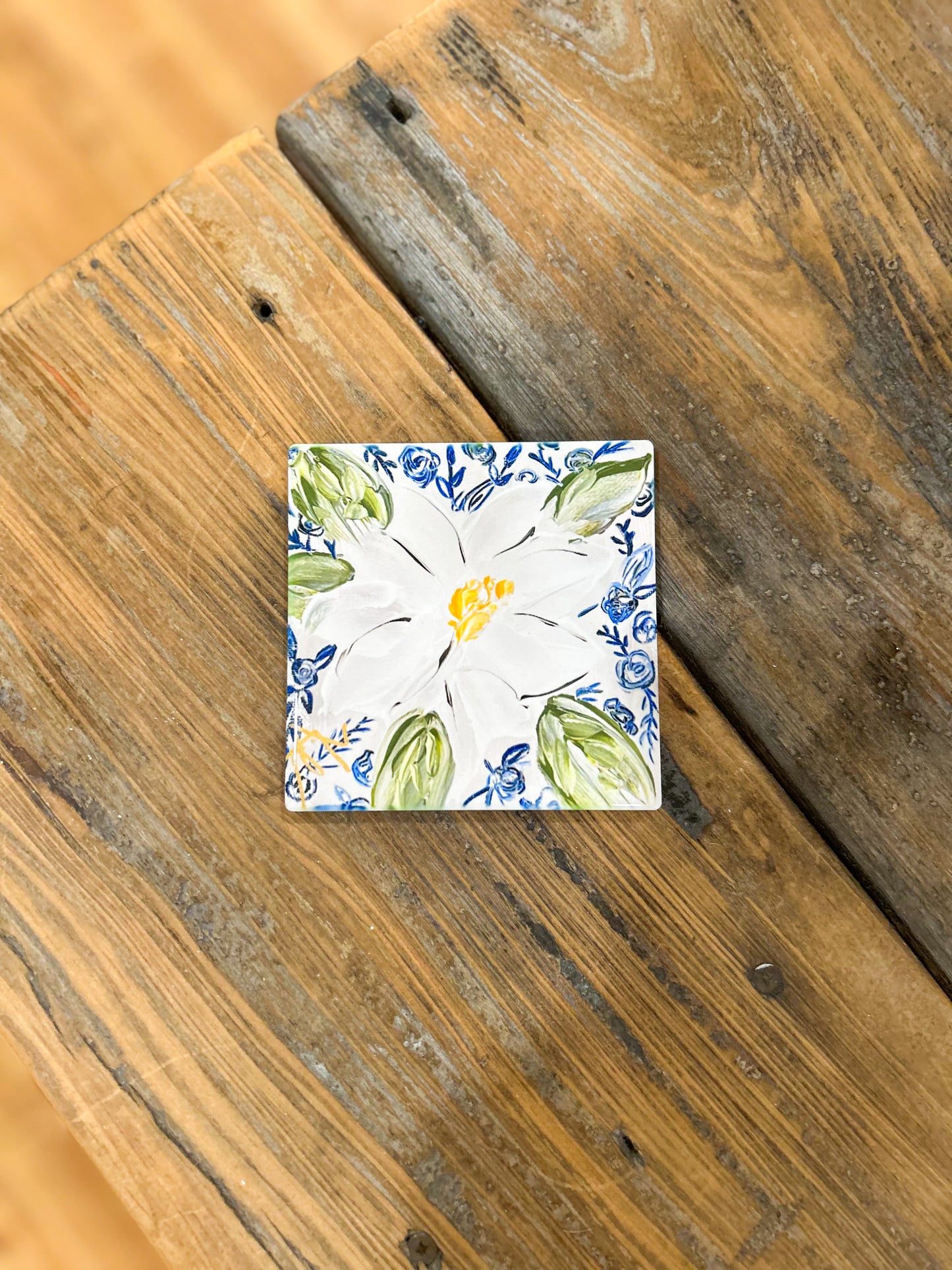 4x4 Magnolia with Blue Pattern Coaster