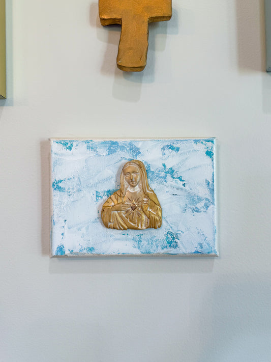 Immaculate Heart of Mary- Silhouette Gold on 5x7 Blue/White Canvas