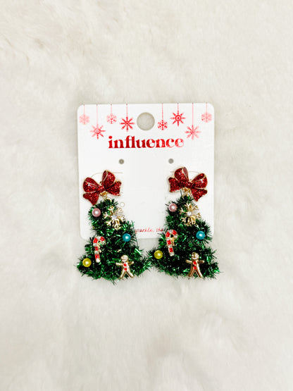 Wrapped in Tinsel Sparkle Bow Christmas Tree Earrings