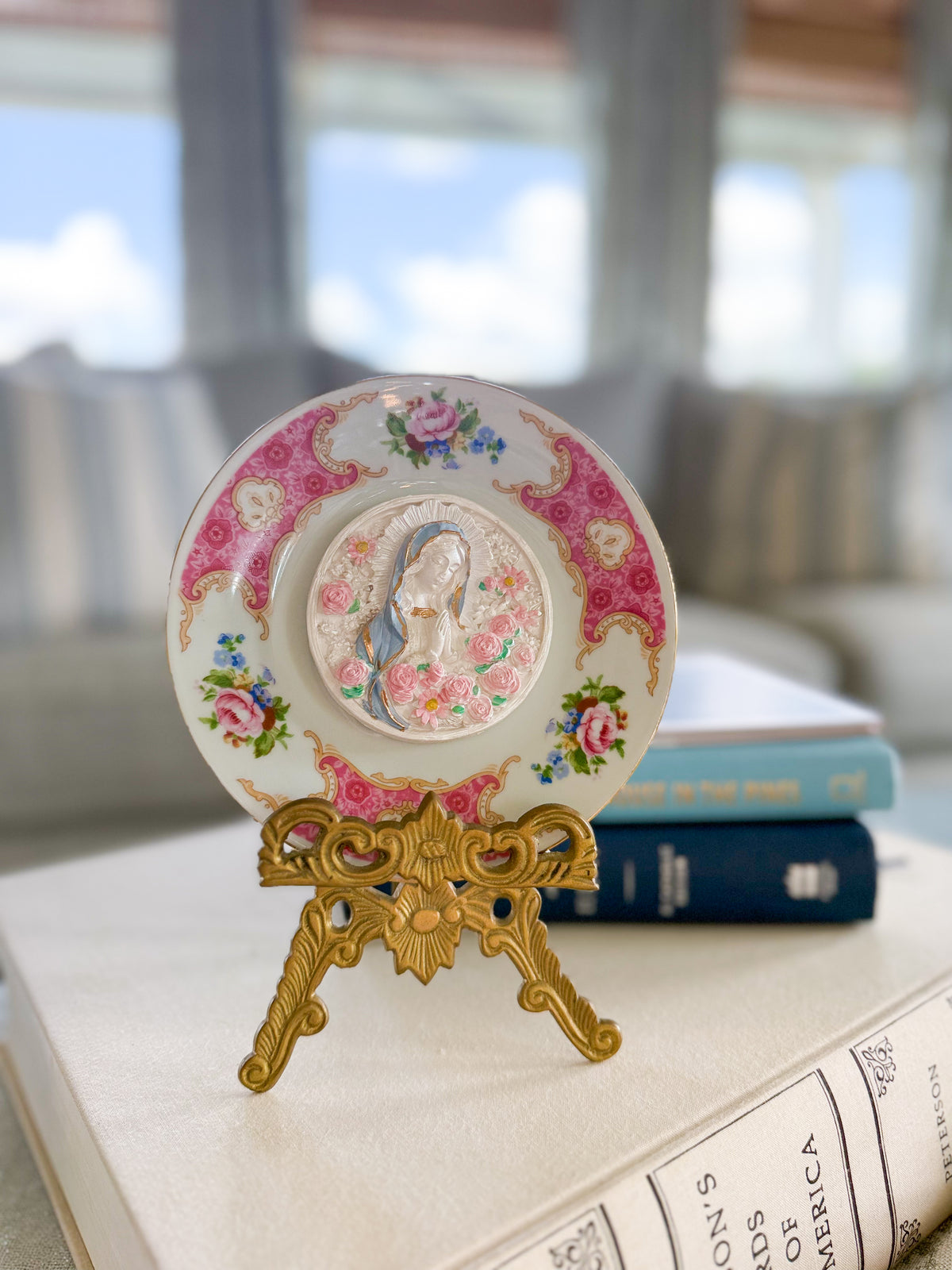 Sculpted Rose-Virgin Mary Famille Rose Plate