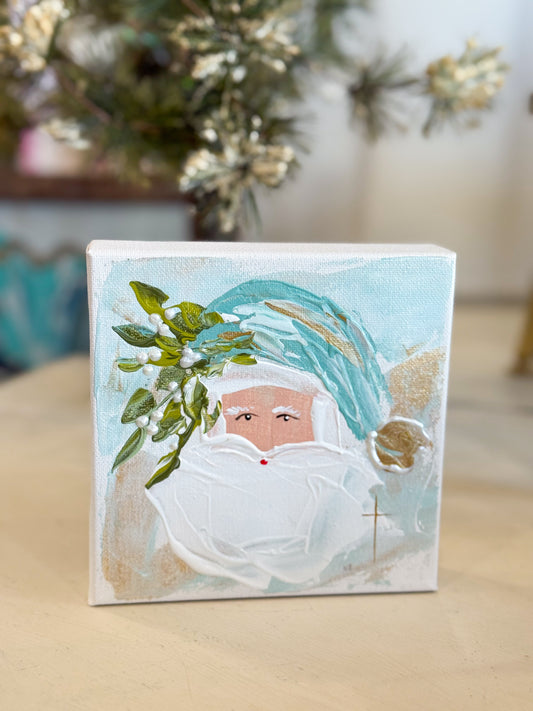 6x6 Teal Blue Vintage Santa— Hand-Painted Art