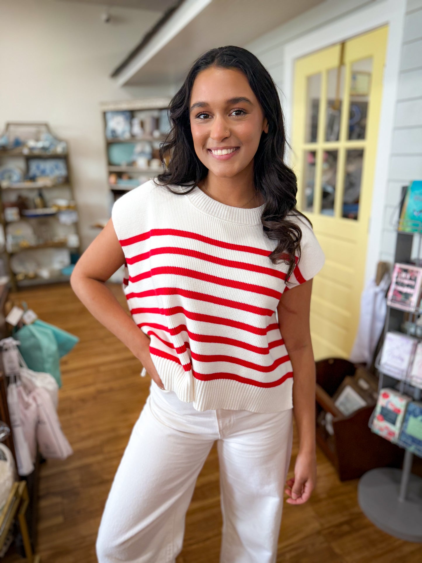 Oversized Crew Neck Stripe Sweater Vest- Red/White