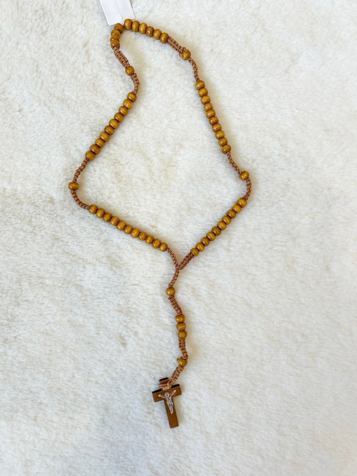 Light Brown Wood Bead Rosary with Jesus Christ