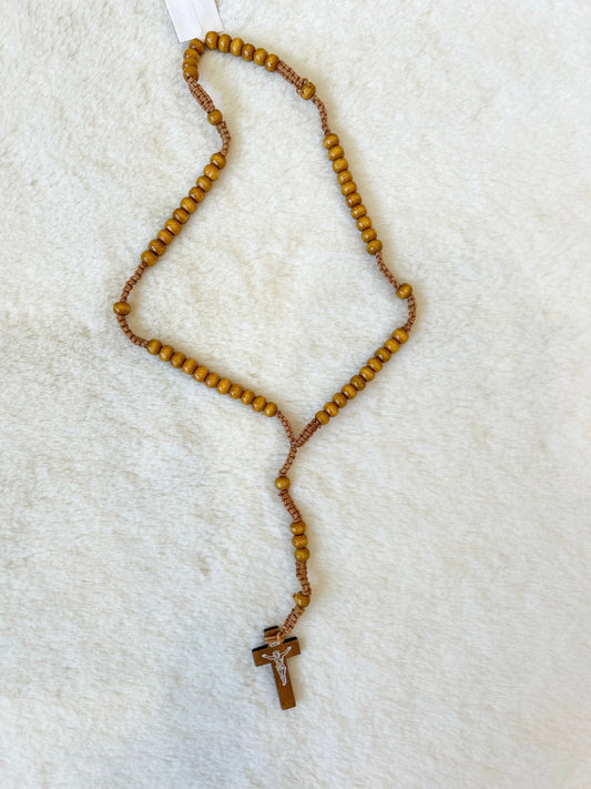 Light Brown Wood Bead Rosary with Jesus Christ