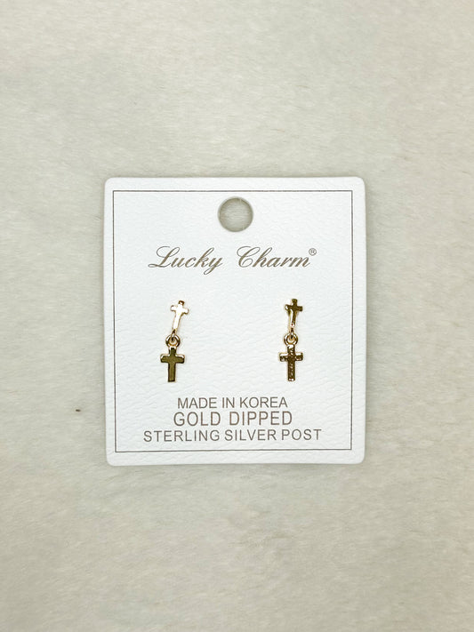 Lucky Charm Gold Cross Dangle Stud Earrings