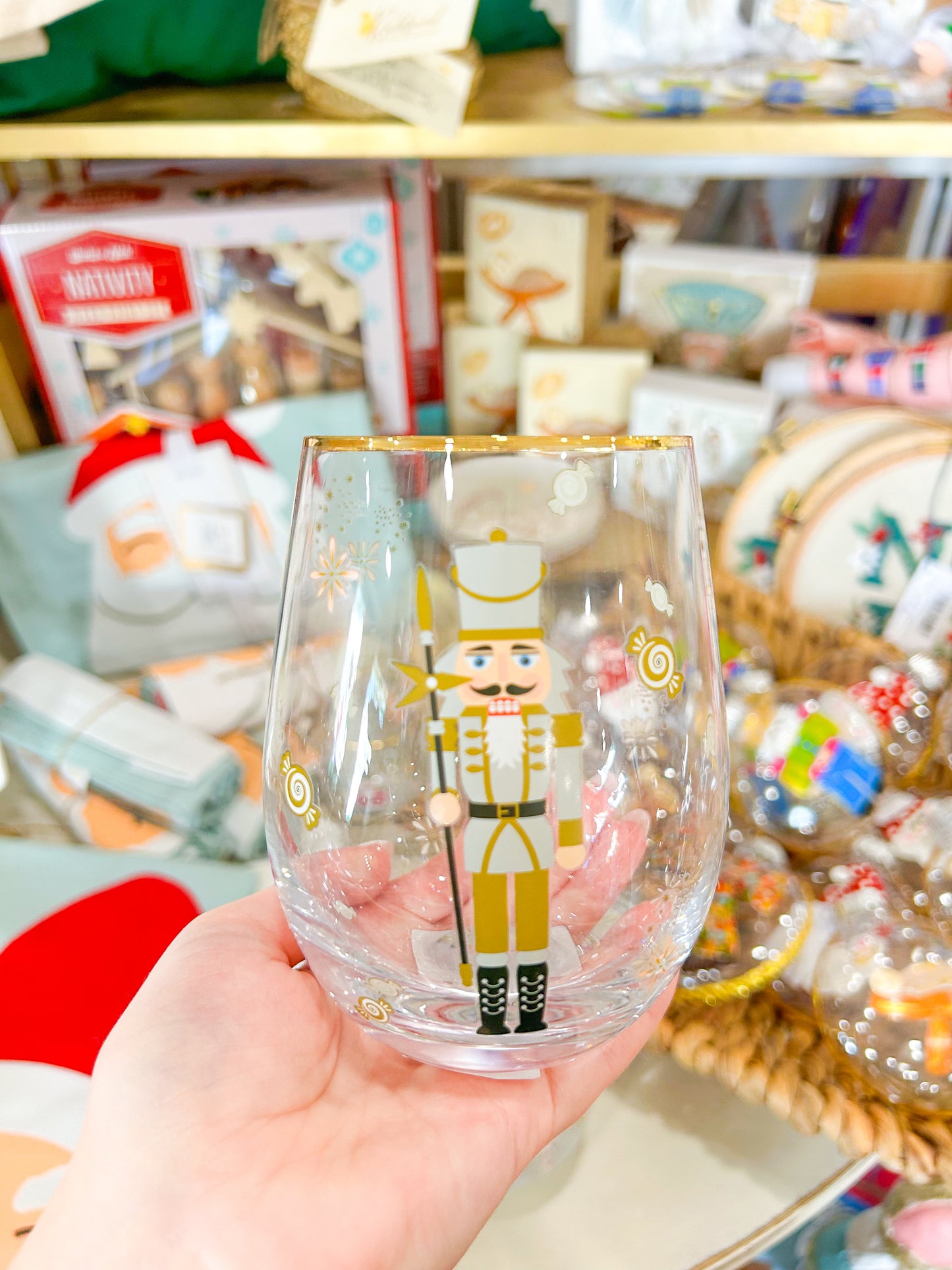 Nutcracker Stemless Wine Glass- Gold/Blue