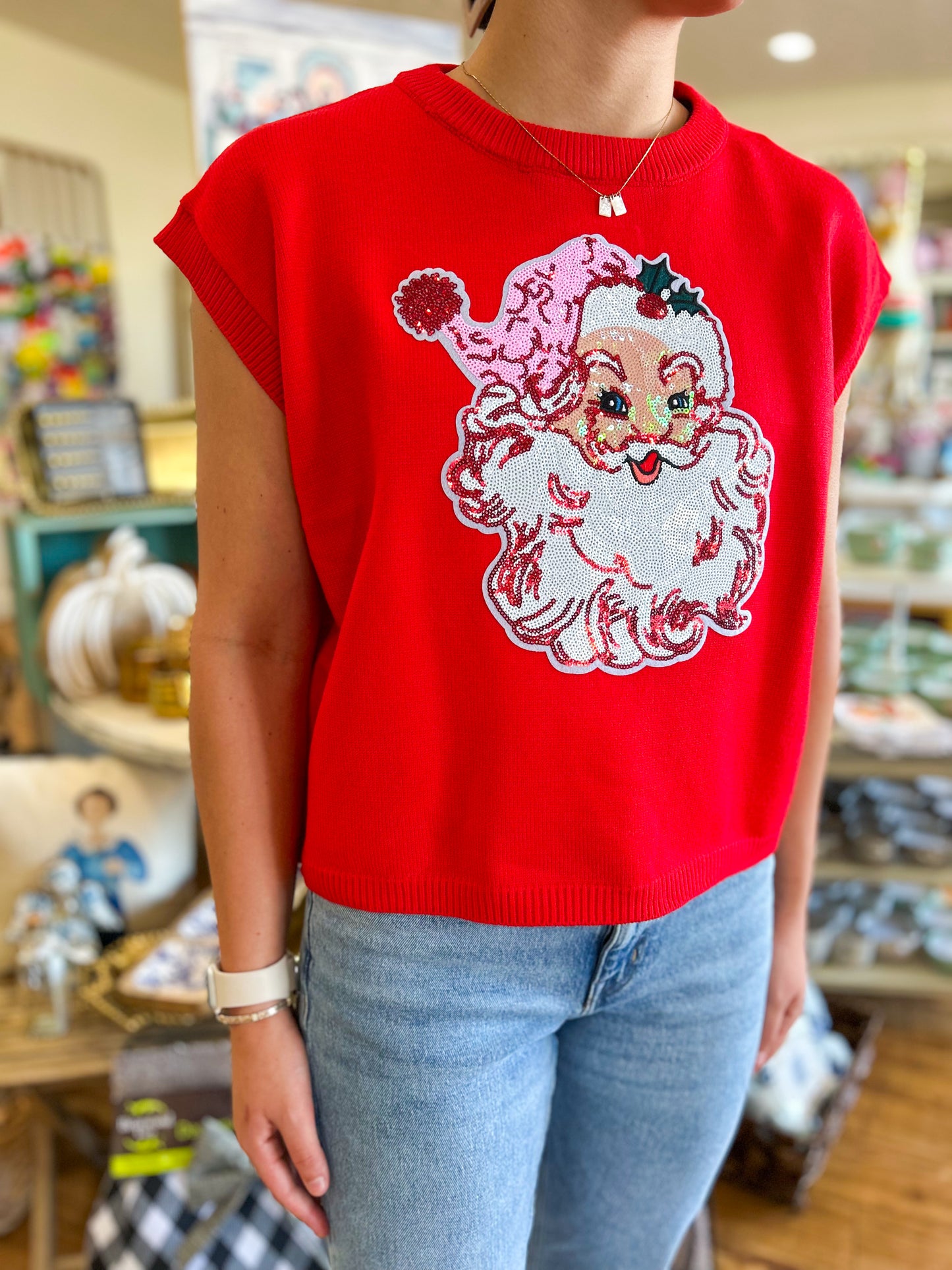 Red Short Sleeve Sweater with Vintage Santa